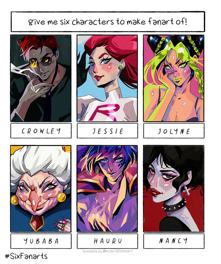 the image is a template for creating six fanarts. it features six different anime and manga characters, each in a separate box. the characters are: crowley, jessie, jolyne, yubaba, hauri, and nancy. the template includes the names of each character, and encourages people to create fan art of them.