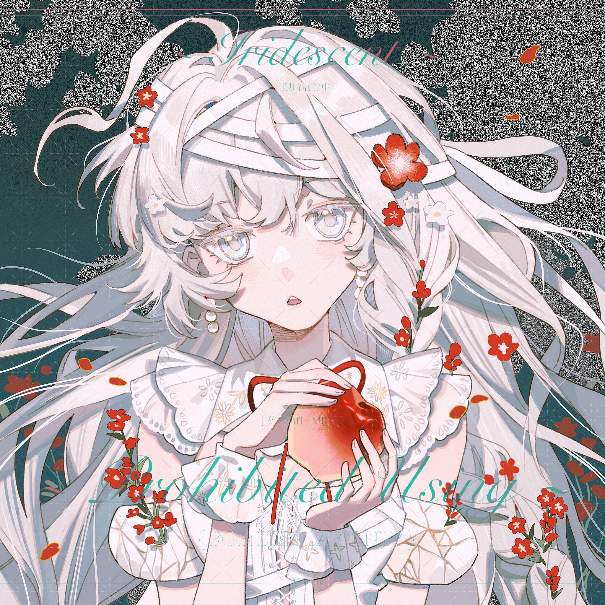 the image is a digital illustration of an anime girl with long white hair, a white dress, and a red apple. she is holding the apple in her hands and looking at it. there are red flowers around her. the background is a light blue and white gradient with a hint of green. the overall style of the image is whimsical and magical.