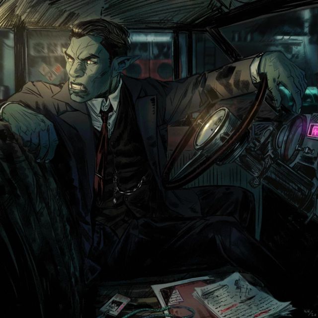 an orc wearing a suit is driving a vintage car. the orc looks like a detective or gangster in a film noir setting. there are papers and a photograph on the seat next to the orc.