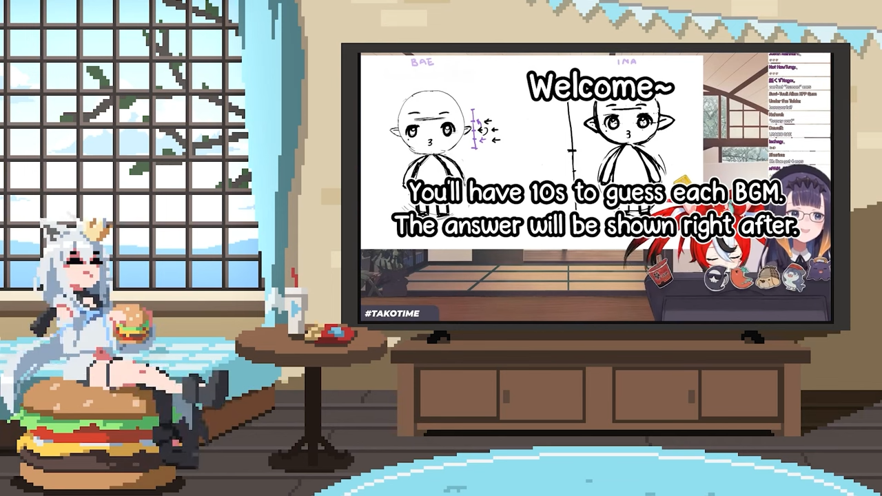 the image shows a vtuber streaming on a platform similar to twitch. the streamer is a female anime girl with white hair and blue eyes. she is wearing a white dress and a crown, and is sitting on a bed with a plate of hamburgers next to her. she is looking at the camera with a smile on her face. the stream is being watched by a few viewers, and the chat is visible on the right side of the screen. the streamer is playing a game where viewers have 10 seconds to guess the background music.