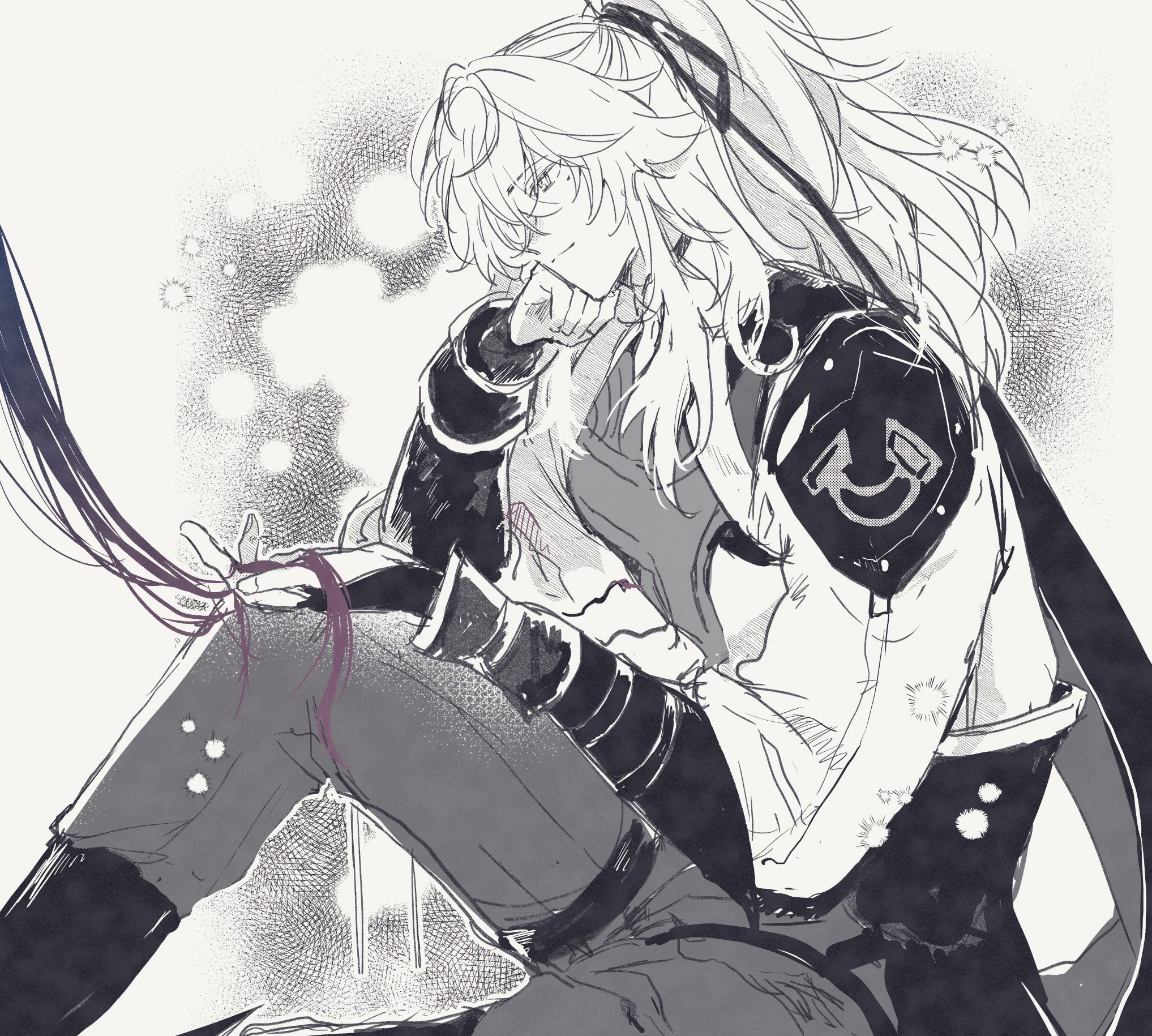 a black and white drawing of a male anime character sitting with their hand on their chin. they are looking down and have long, white hair in a ponytail. the character is wearing a white shirt with a black jacket and black pants. the drawing is in a sketch style and there is a lot of shading. the character is surrounded by a light grey background.