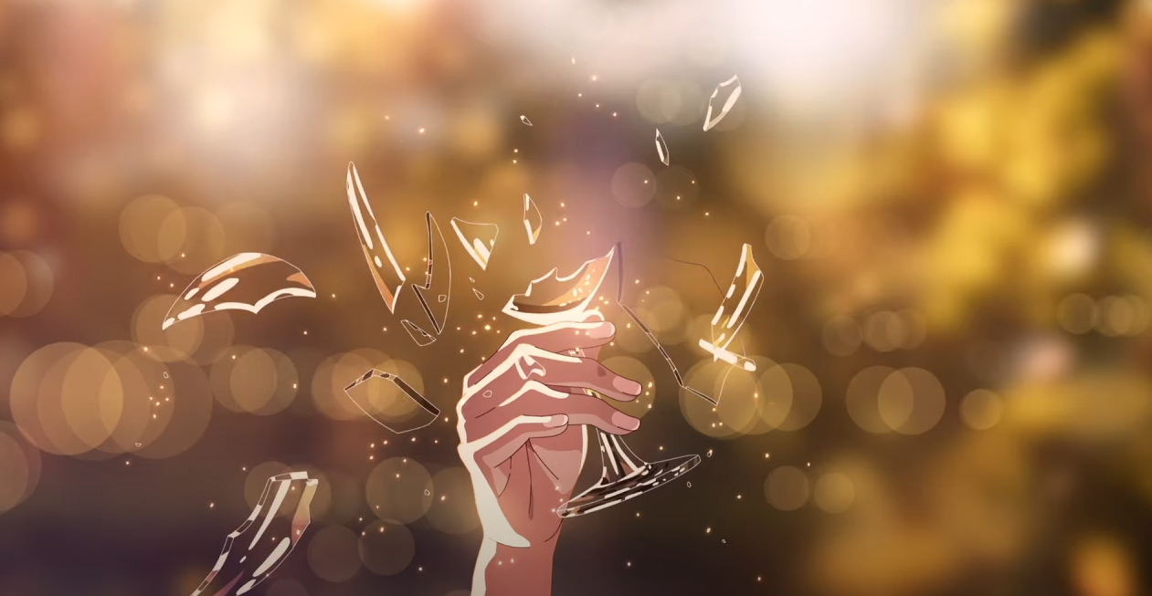 the image is a stylized illustration, possibly animeinspired, depicting a hand holding a wine glass as it shatters.  the glass breaks into numerous pieces, which are scattered and falling around the hand.  the background is a blurry bokeh of warm, golden, and autumnal colors, creating a hazy, atmospheric effect. the overall mood is melancholic and suggests themes of loss, fragility, or heartbreak.  the style is artistic and digitally rendered.
