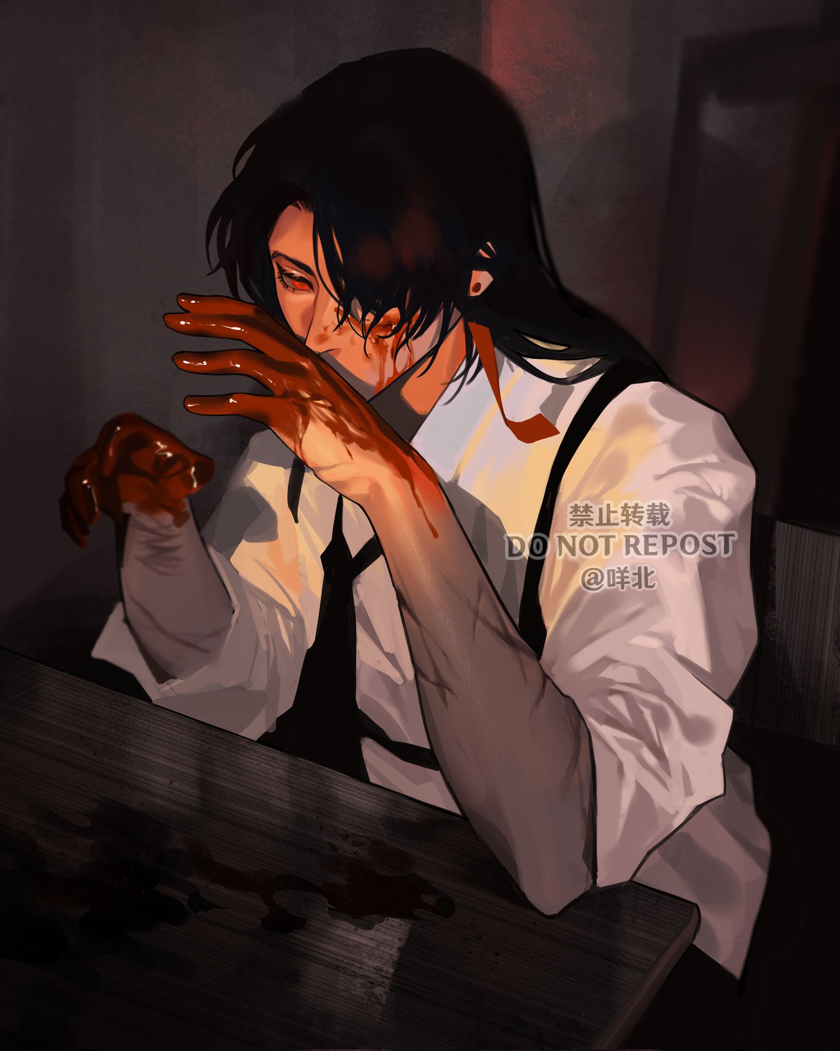 a man with dark hair sits at a dark table with his face obscured by his bloodstained hands. the image is dark and shadowy, creating a sense of mystery and suspense.
