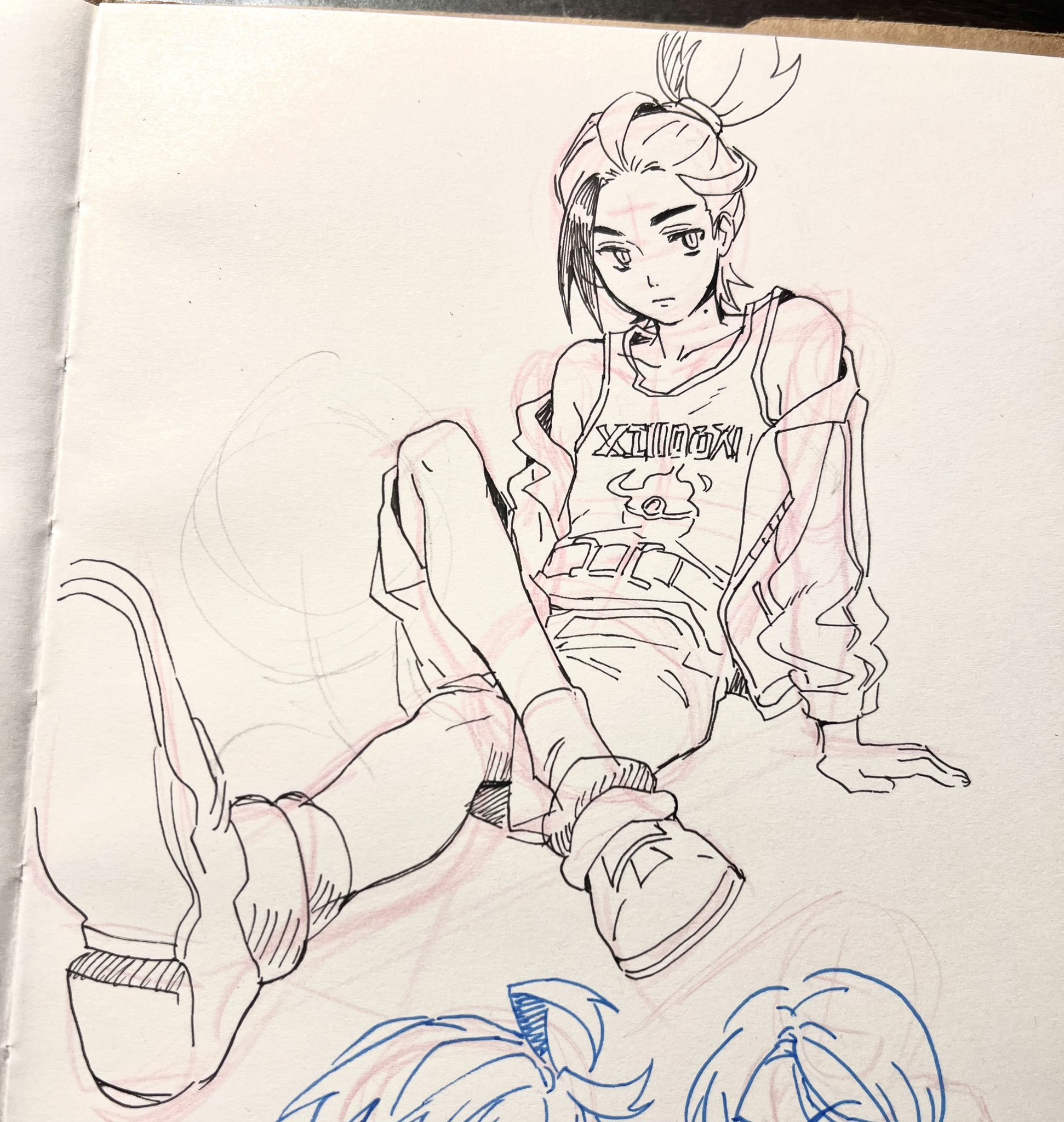 a black and white pen and ink drawing of a female anime character sitting in a casual pose with a jacket,  tank top, and shoes. her left leg is slightly bent and resting on the ground while her right leg is crossed over it. the character's left hand is resting on her right thigh and her right hand is outstretched towards the bottom right corner of the page. the background includes some light scribbles in pen, and the character's face is detailed with bold eyebrows, eyelashes, and sharp jawline.