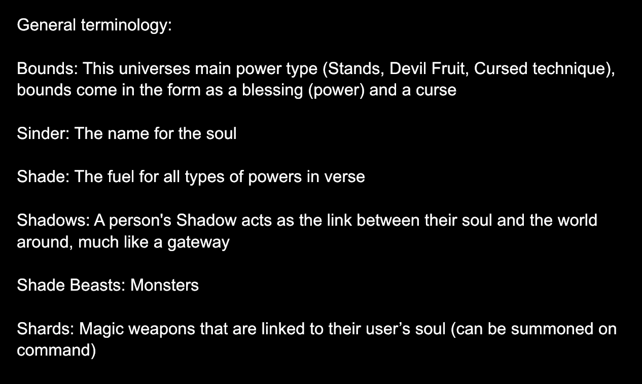he image contains a list of terms and their definitions, seemingly from a fictional universe.  the terms describe various aspects of power, magic, and the soul within this universe, including the sources of power, how they manifest, and their relationship to the characters' souls.  the text is white on a black background.