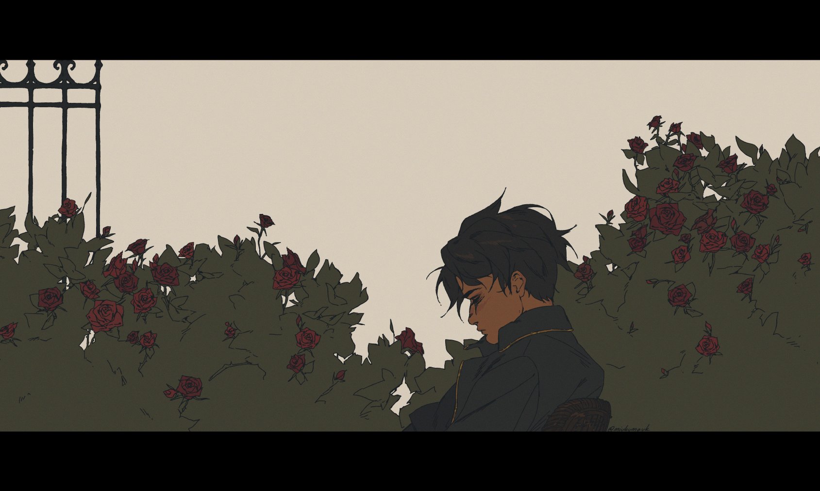 a man with dark hair is sitting alone in a rose garden. he appears to be sad or thoughtful, looking down at his lap. the red roses are in full bloom behind him, their lush foliage framing him. there is a sense of melancholy to the image, possibly suggestive of a broken heart or loneliness.