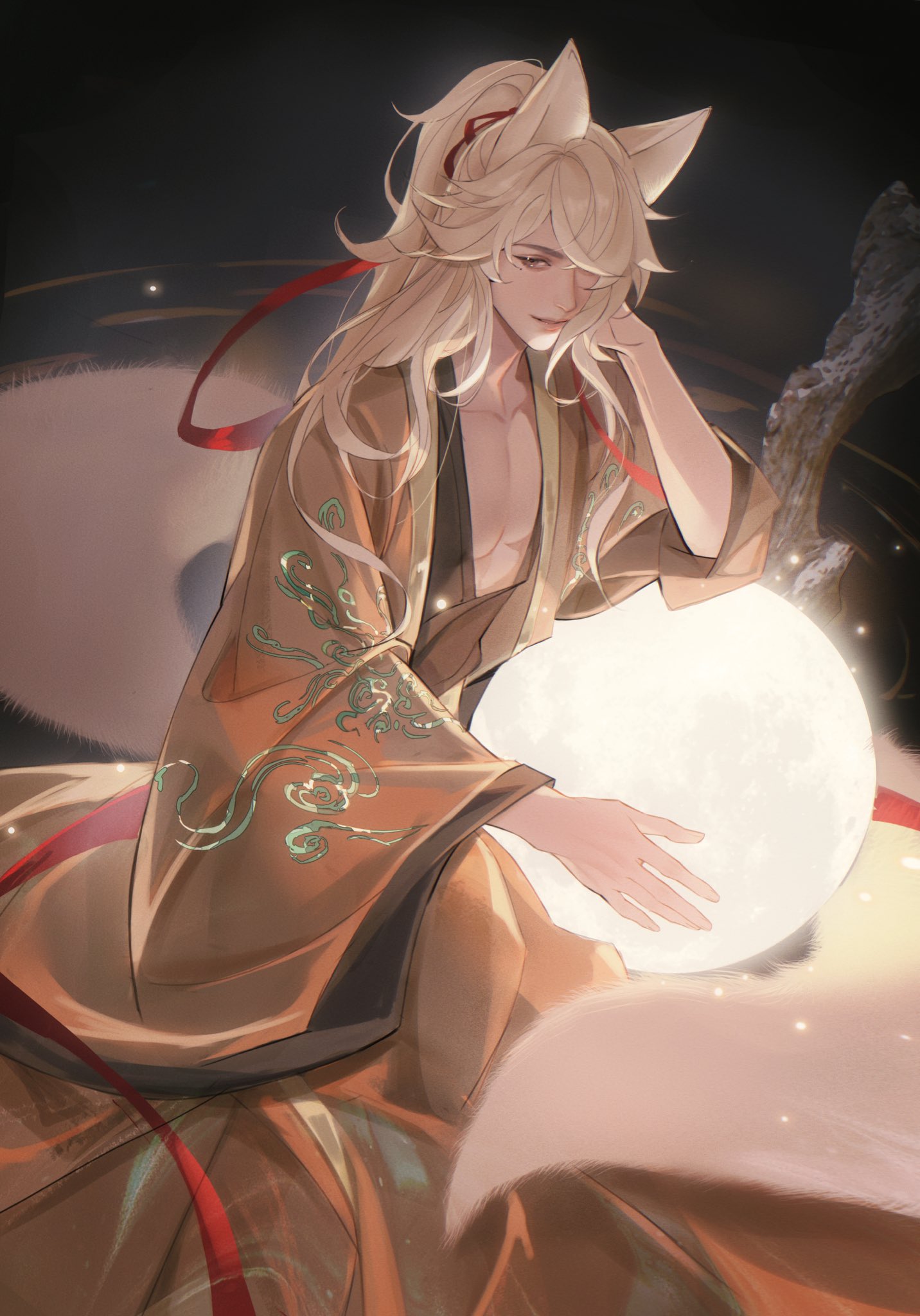 this is a digital illustration of a male anime character with long white hair and a ninetailed fox tail. he has fox ears and is wearing a traditional japanese kimono with golden and red details. the character has a gentle expression and is holding a white, round orb. his tail is spread out behind him and appears to be glowing. the background is a blur of light and dark colors, with a hint of a moon.