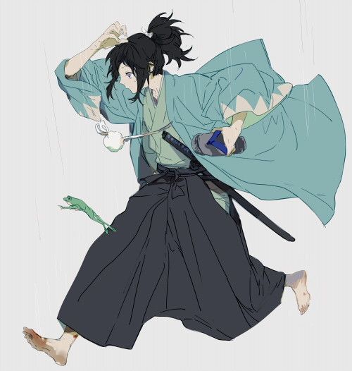 an anime girl in a blue kimono and black hakama is midjump with a katana drawn, running through rain. she is focused on her target.