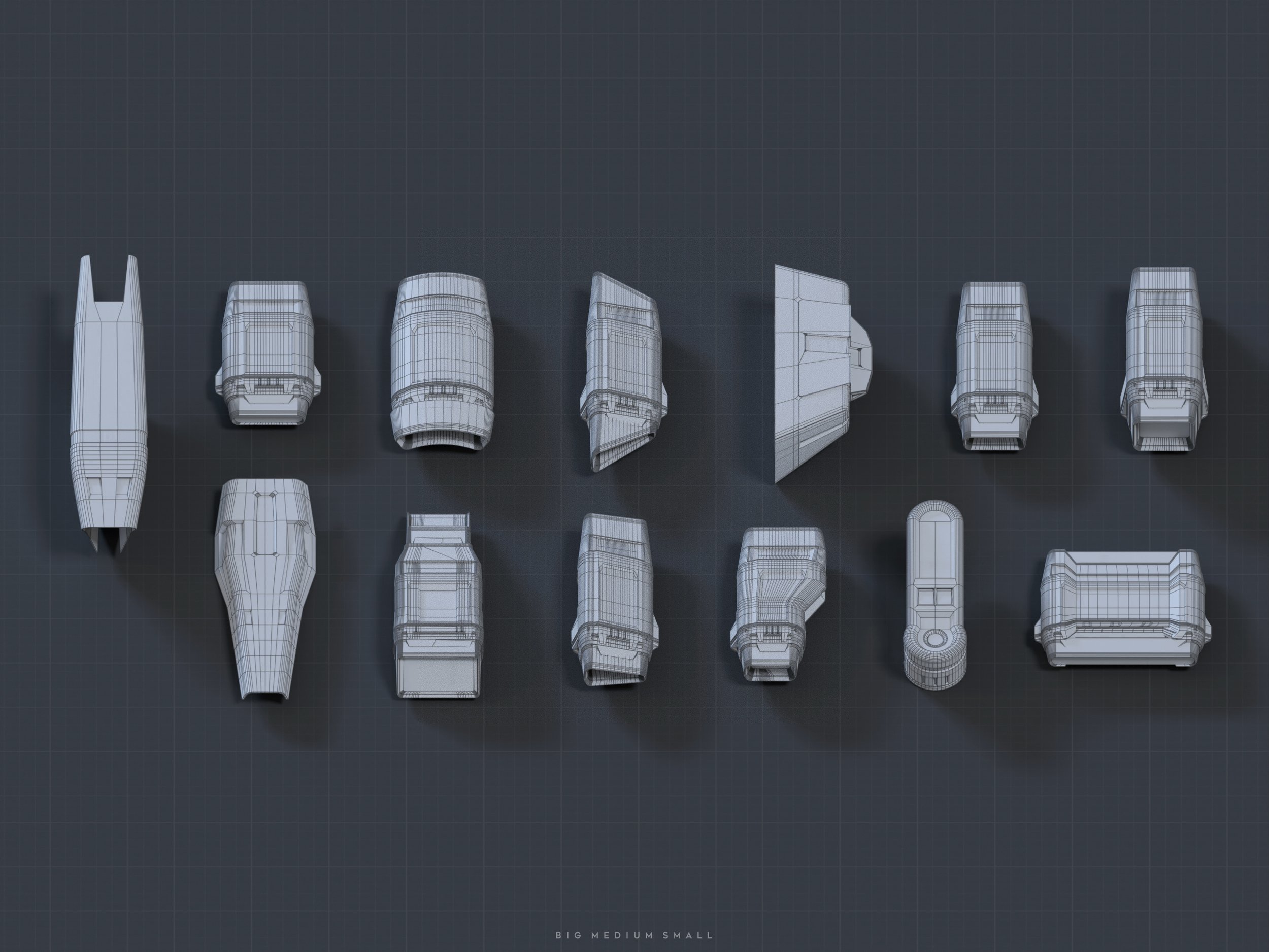 the image presents a collection of 3d wireframe models arranged on a dark grey grid background.  these models appear to be various sizes and shapes of futuristic or scifi objects, possibly components of a spaceship or other technological device.  they are shown in various orientations and are labelled "big medium small" at the bottom indicating size variations. the wireframe style gives a clear view of their geometric structure. the overall aesthetic is clean, technical, and illustrative.