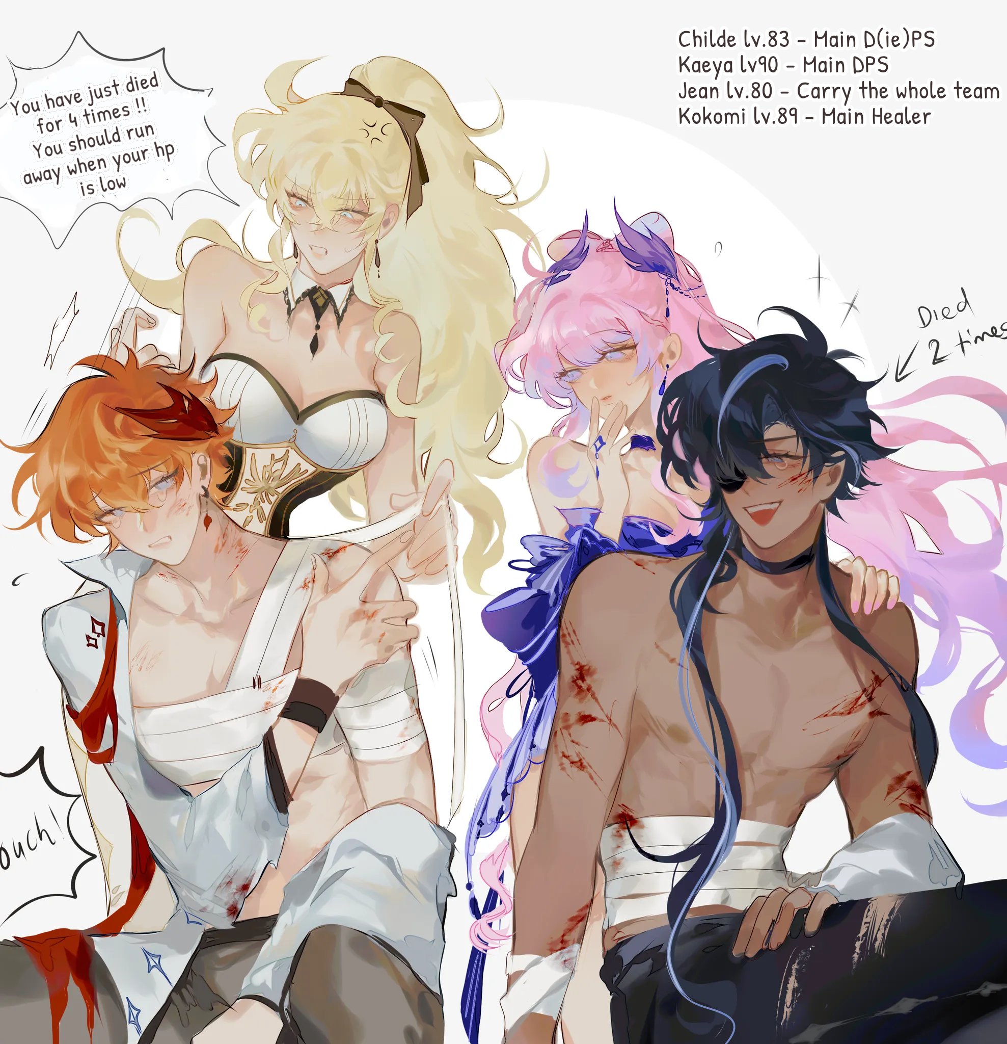 this is a fanart depicting four genshin impact characters: childe, kaeya, jean, and kokomi, after a battle.  they are all injured and bandaged, with blood visible on their bodies. childe is in the foreground, with a speech bubble above him indicating that he has died four times. the other characters are positioned around him, with kaeya showing exasperation, seemingly scolding childe, and text at the top right corner of the image provides each character's level and ingame role. the overall style is animeinfluenced, with vibrant colors and dynamic poses.  the art is detailed and expressive, conveying the characters' personalities and the intensity of the battle.
