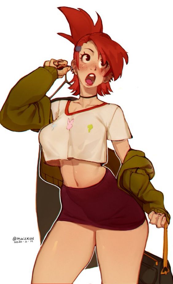 a redhaired anime girl is wearing a white shirt with a pink bunny, red skirt, and green jacket. she is holding a bag and looks surprised. she is standing and looking up.