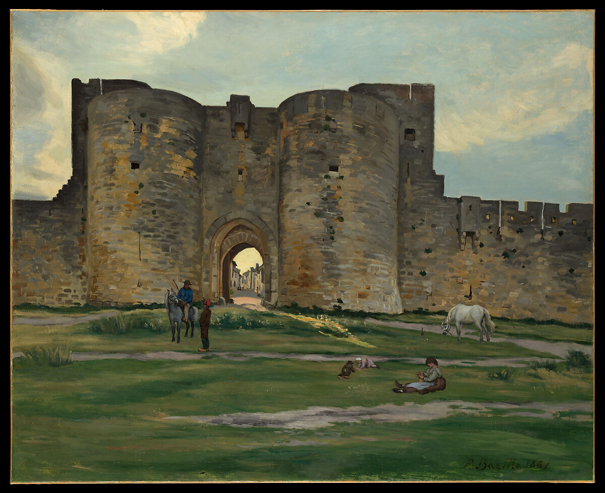 painting of a castle wall with an archway, a horse and rider, a white horse grazing, a dog, and a boy sitting in the grass. the painting is signed by édouard bazille and dated 1864.