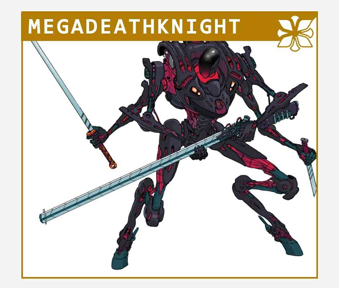 a black and red robot with a sword in each hand. the robot is in a fighting pose, with one leg bent and the other straight out. the robot's armor is detailed and intricate. the background is white. the image is in a comic book style.