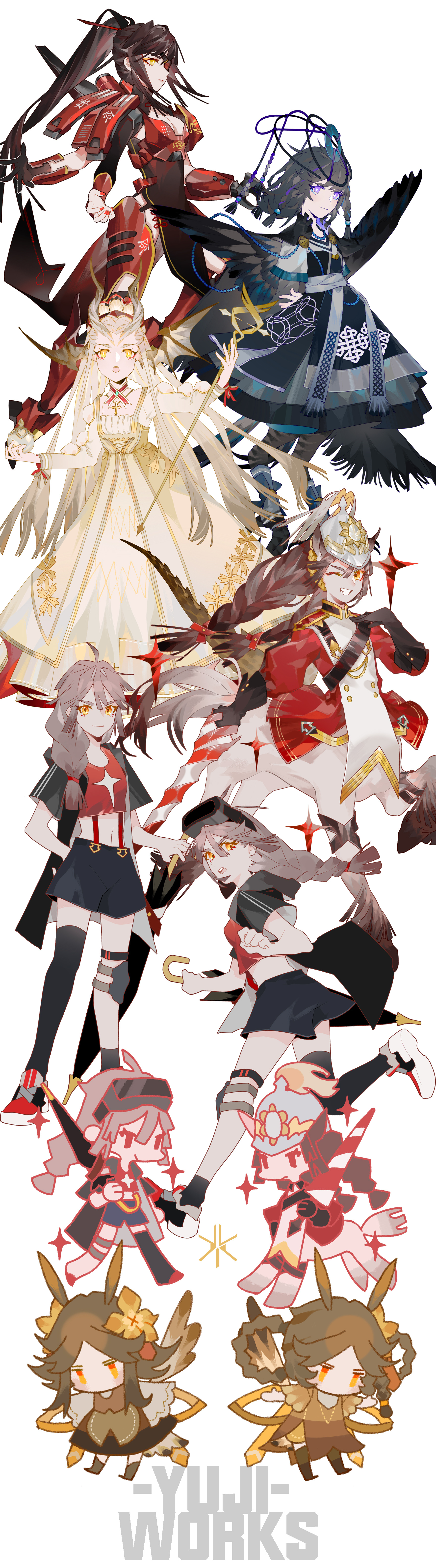this image is a cartoon illustration of several anime characters, standing in a line, seemingly posing for a picture. the characters are all girls with a variety of hairstyles and outfits. they are all dressed in various colorful dresses, with some having wings and others wielding weapons. each character has a distinct personality and appearance, adding to the charm of the illustration. the background is a simple white canvas, which allows the characters to stand out and be the main focus of the image. the image has a whimsical and playful vibe, with the characters' expressions and poses suggesting a sense of fun and joy. the overall style is reminiscent of anime and fantasy, with the characters and their attire reflecting a sense of magical adventure.