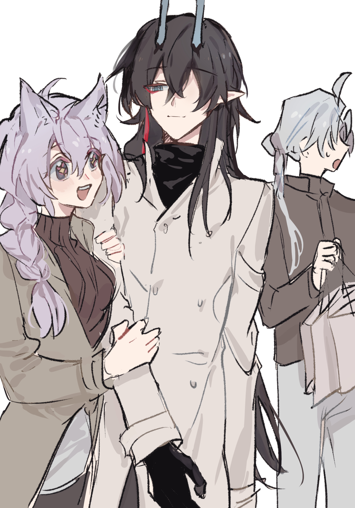 the image is a digital drawing of three anime characters walking together. the character on the left is a young woman with long lavender hair in a braid, wearing a brown coat and black turtleneck. she is smiling happily and holding onto the arm of the character in the center.  the center character is a young man with long black hair and a white coat over a black turtleneck. he is also smiling and looking at the viewer. the character on the right is a young man with short, white hair, wearing a grey jacket and black turtleneck. he is looking down at something and holding a bag.