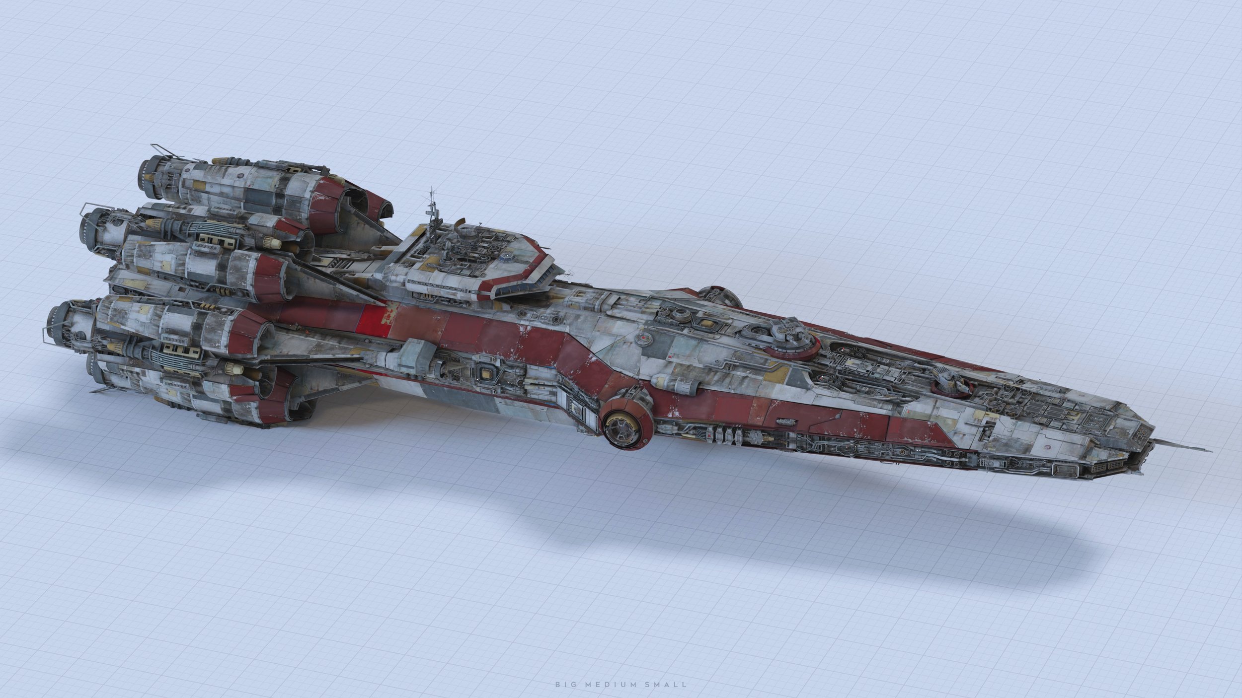 the image is a detailed 3d render of a large, futuristic spaceship. the vessel is long and somewhat resembles a heavily modified, battledamaged warship. its hull is a patchwork of red, white, and grey panels, showing signs of wear, rust, and damage.  multiple engines are clustered at the rear. the ship is presented against a simple grid background, suggesting a technical or design blueprint context. the perspective is a slightly elevated, angled side view, clearly displaying the ship's length and detailing.  the overall style evokes a sense of worn age and battlehardiness.