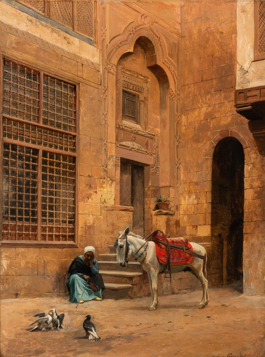 an orientalist painting depicts a man wearing a turban and traditional blue clothing seated on steps in a courtyard. next to him stands a white donkey with a red saddle. several pigeons are on the ground nearby. the courtyard is surrounded by a building with arched doorways, windows, and stone masonry. the scene is bathed in warm light, with shadows cast by the architecture.