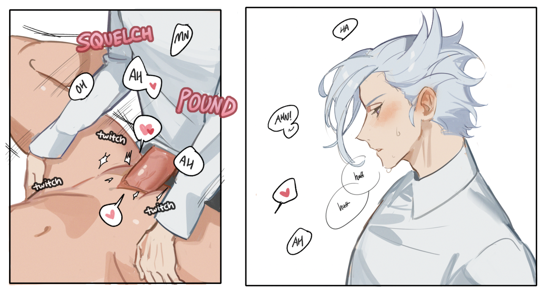 he image is a twopanel comic depicting a sexual encounter between two men.  the left panel is a closeup, detailed illustration of the act, featuring explicit imagery and onomatopoeia suggestive of penetration.  the right panel shows a profile view of one of the men, his face flushed and sweating, suggesting pleasure or exertion.  the style is reminiscent of manga or manhwa, with soft linework and muted color palettes. the overall tone is suggestive and erotic.