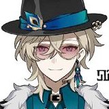 a digital illustration of a male anime character. he has white hair, blue eyes, and is wearing a black hat with a blue band, a pair of round glasses, and a blue shirt. his expression is friendly and he is smiling.  he is in a pose that is friendly and inviting. the art style is reminiscent of anime and manga art styles.  this could be a character design for a video game or anime. the art style suggests that it is fan art, but this is not explicitly stated. the character is most likely albedo from the game genshin impact.