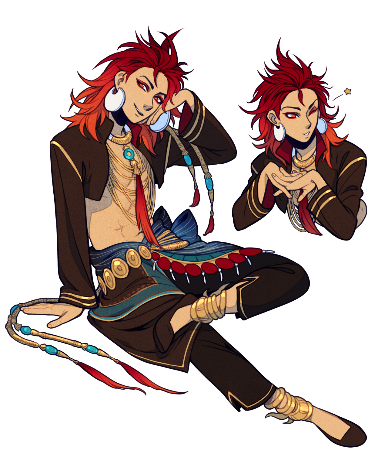 the image showcases a digital drawing of a young man with a confident and playful demeanor. he has vibrant red hair styled in a long and flowing manner, partially pulled back to reveal his face. his attire reflects a blend of styles, featuring a cropped, open black jacket that exposes his chest adorned with an elaborate necklace of turquoise and gold. he wears loosefitting pants with a decorative waist sash and numerous bracelets and anklets. the color palette is rich and warm, highlighting the character's features and attire against a plain white background.