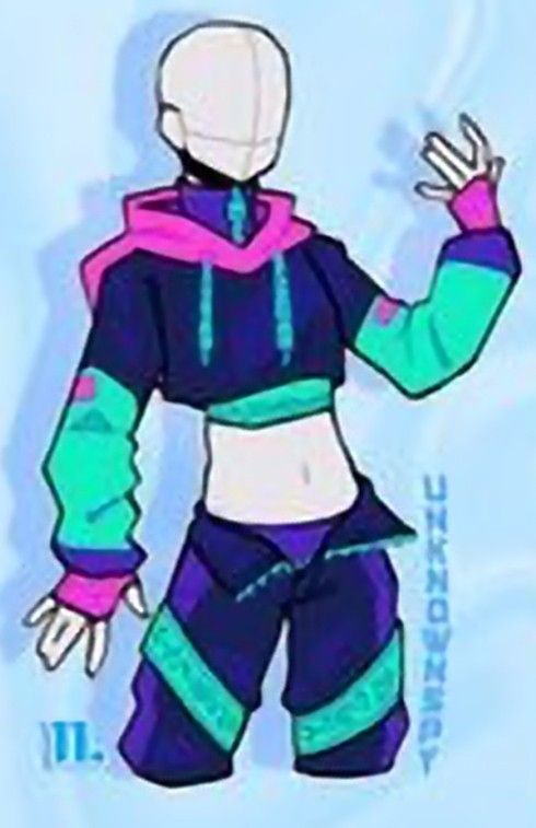 a stylized fashion illustration showcases a trendy streetwear outfit. the drawing features a figure, depicted as a mannequinlike form, wearing a vibrant, colorblocked ensemble. the outfit consists of a cropped hoodie in shades of purple and teal, paired with matching joggers adorned with geometric patterns. the character strikes a dynamic pose, one arm raised, highlighting the playful and energetic vibe of the design.