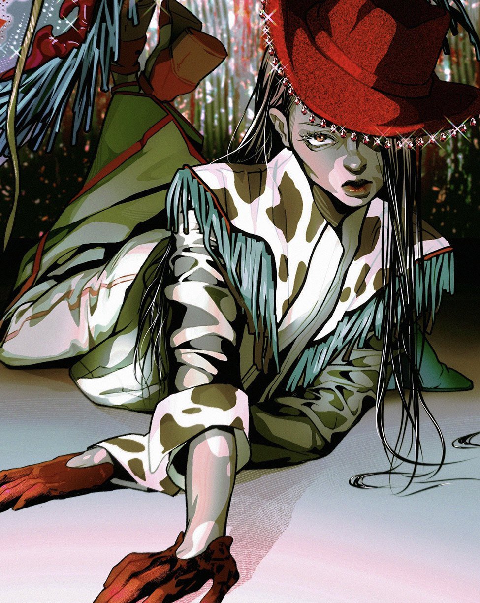 this is a fashion illustration of a woman dressed in a cowgirlinspired outfit. she is wearing a white shirt with brown cow spots,  green pants with fringe, and a large red hat with rhinestones. the illustration style is bold and graphic, and the colors are bright and eyecatching. the lighting is dramatic, highlighting the woman's features and the details of her outfit. the overall effect is one of confidence, power, and style.
