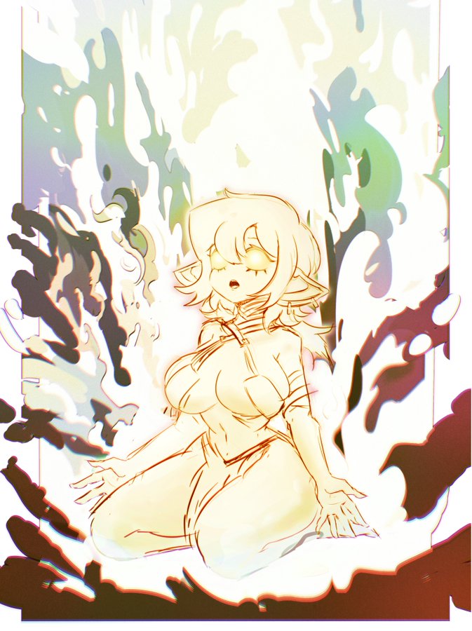 a digital illustration of a female elf character with blonde hair, a simple white outfit, standing in a bright yellow and white fire or light. she has her eyes closed and a relaxed expression, and the drawing is in a light, stylized style, with visible lines and outlines. the background is a bright and colorful abstract design.