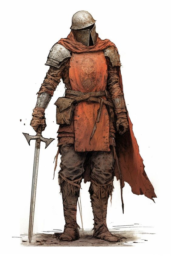 a lone knight stands in full armor, his sword held upright in his right hand. his armor is a mix of plate and mail, weathered and worn, reflecting a life of battles. a red surcoat with a faded emblem adorns his armor, and a tattered red cape billows behind him. he stands against a white background, emphasizing his solitary presence.