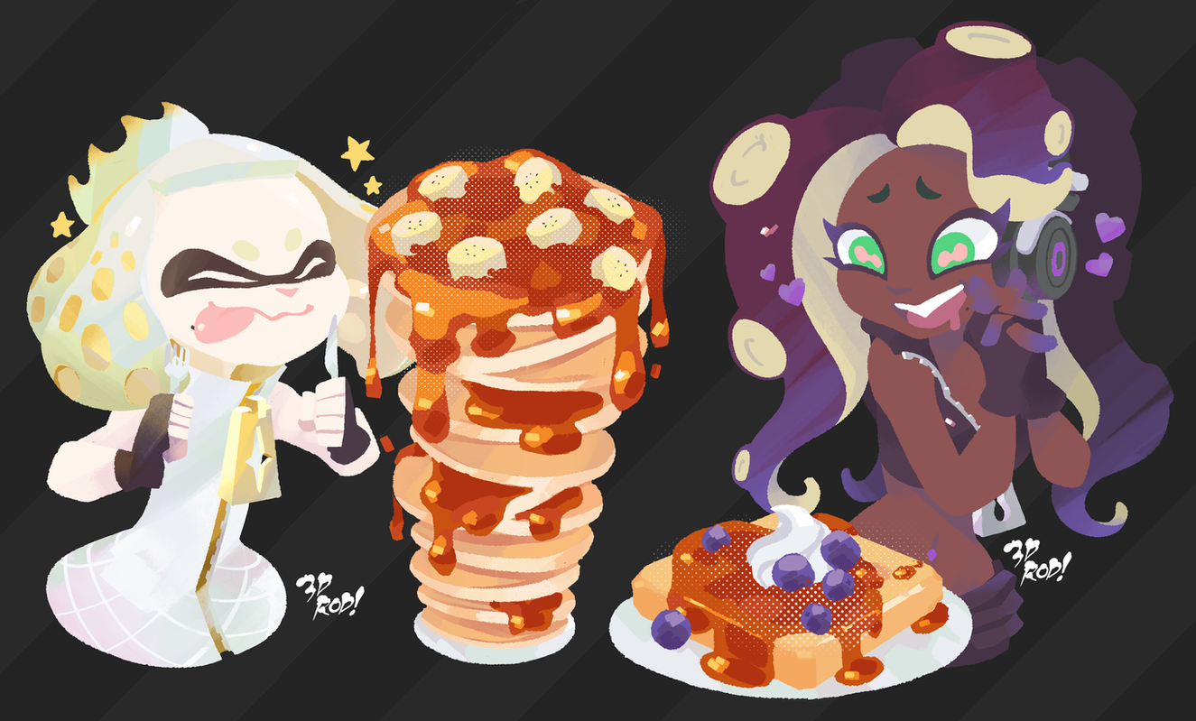 the image is a digital illustration of two characters from the video game splatoon. the characters are female and are both anthropomorphic cephalopods. they are wearing clothing that resembles what humans wear. on the left is a pink and white inkling with a gold crown. she is staring intensely and wielding two knives. in the background, there is a giant stack of pancakes with banana slices and syrup on top, which is likely for the inkling to eat. on the right is an octoling wearing a black and silver outfit, smiling happily while holding a camera. she is sitting in front of a plate of french toast with blueberries and syrup on top, which is likely what she will be eating. both characters are wearing a headband that says "2p pop!".