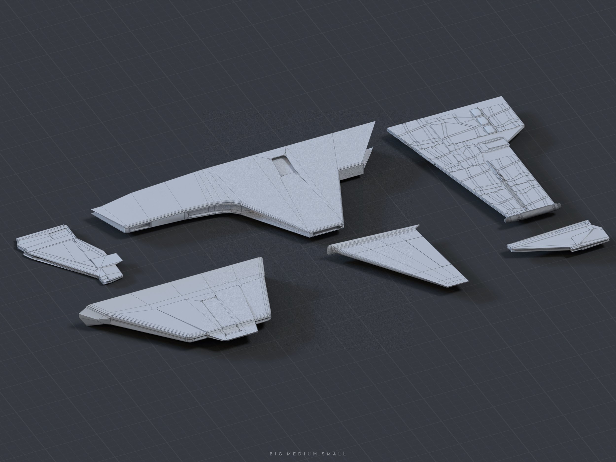 the image displays a disassembled 3d wireframe model of a spaceship or spacecraft. the model is broken down into several individual components, laid out on a dark grey background.  the wireframe style shows the underlying structure and design of the ship's parts. the components suggest various wings, body sections, and smaller attachments. the overall aesthetic is clean and futuristic, typical of scifi spacecraft designs.  the image also contains text "big medium small" suggesting the relative scale of the components.