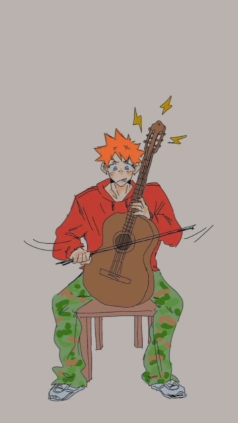 the image is a stylized cartoon drawing of an animestyle boy with bright orange hair. he's wearing a red hoodie and camouflage pants, sitting on a small stool while playing a classical guitar.  his expression is one of intense concentration or perhaps slight frustration, indicated by the sweat marks and slightly exaggerated features.  lightning boltlike symbols near the guitar suggest energy or a powerful performance. the art style is loose and expressive, with bold outlines and slightly uneven coloring.  the overall feel is energetic and slightly chaotic.