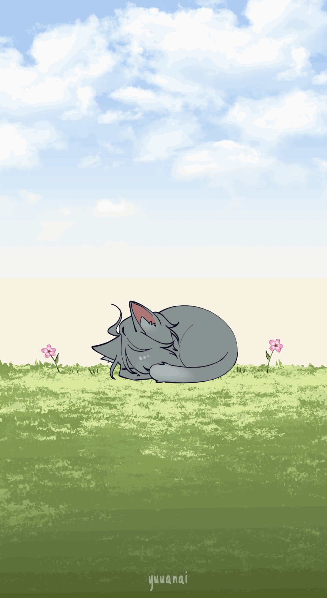 a cartoon illustration of a grey cat curled up and sleeping in a field of green grass. there are small pink flowers on either side of the cat and a blue sky with fluffy white clouds above.  the illustration has a peaceful and serene vibe.
