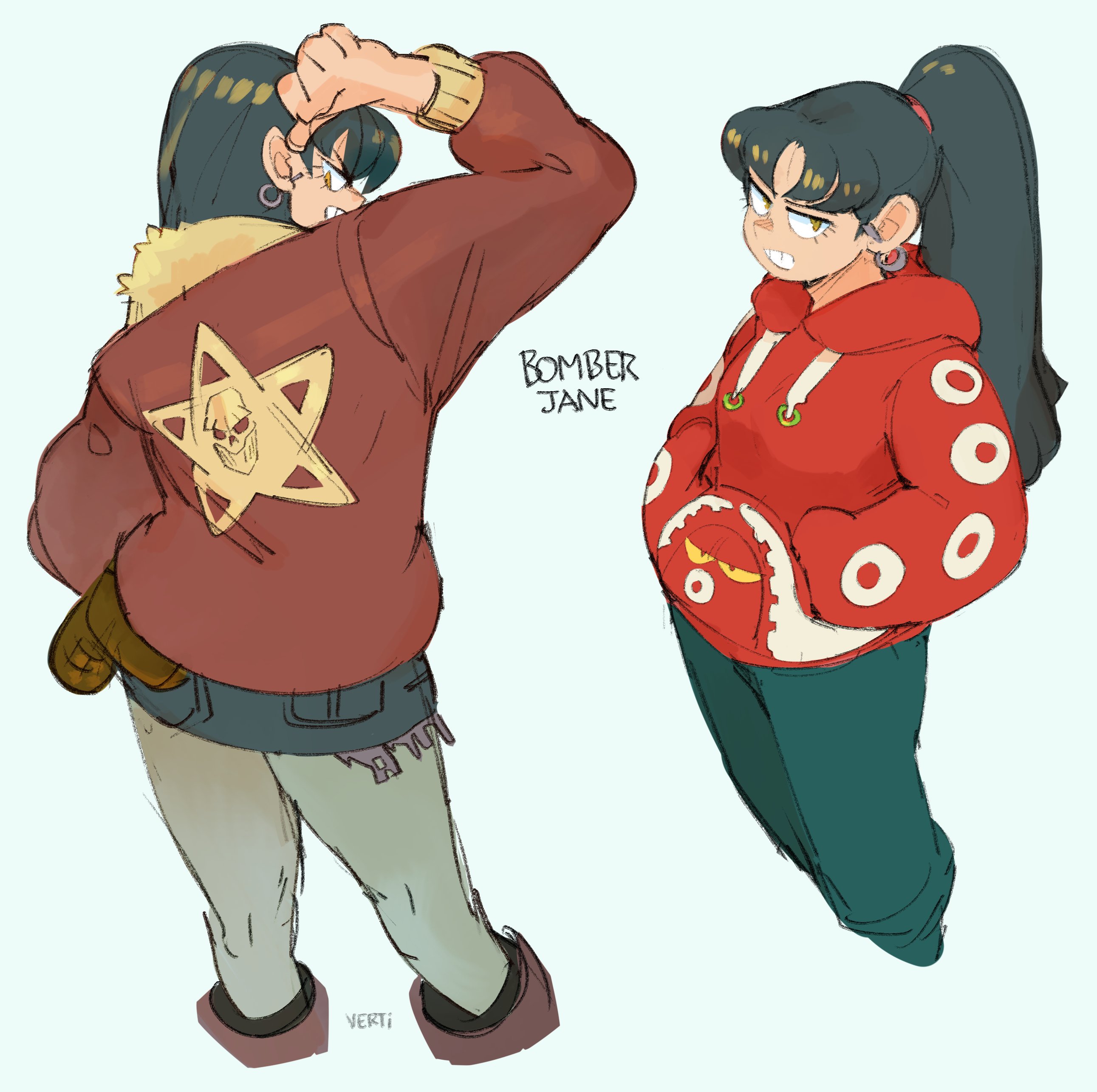 two anime girls in different outfits. the girl on the left is wearing a red bomber jacket with a star design on the back. the girl on the right is wearing a red hoodie with white circles on it.