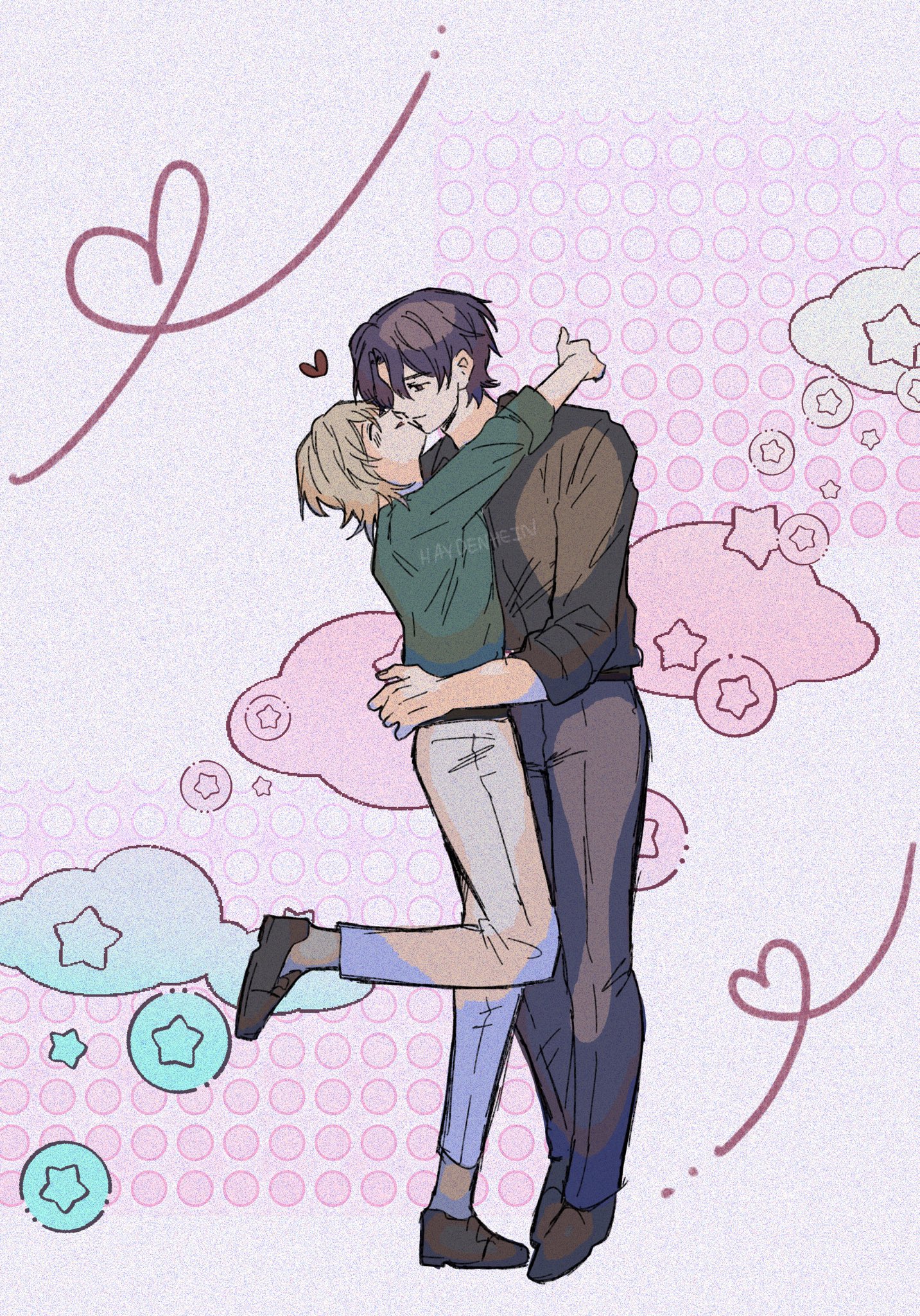 a cute couple cartoon illustration showing a male character in a dark blue shirt hugging and kissing a female character with blonde hair. the couple is surrounded by hearts, clouds and stars, all in pink and blue colours on a white background with a circular pattern.