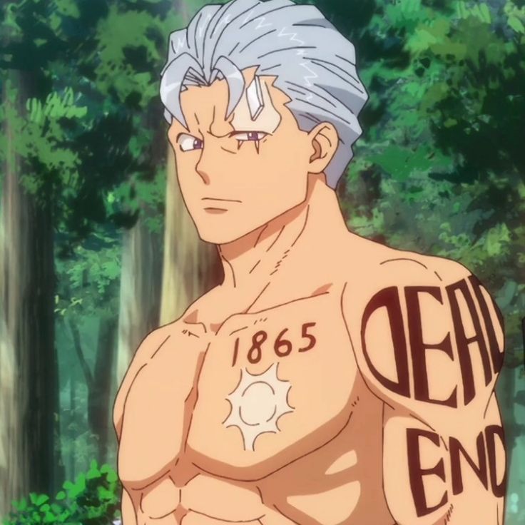 a digital illustration of an anime character standing in a forest. the muscular man is shirtless, showcasing a prominent "dead end" tattoo across his right chest and "1865" with a sun symbol on his left. his hair is silver with black streaks, and he has a noticeable scar running through his left eye. the background of the illustration depicts a lush green forest, hinting at an outdoor environment. the image is welllit, giving the character a soft, almost ethereal glow. the perspective of the image is at eye level, creating a sense of connection with the subject.