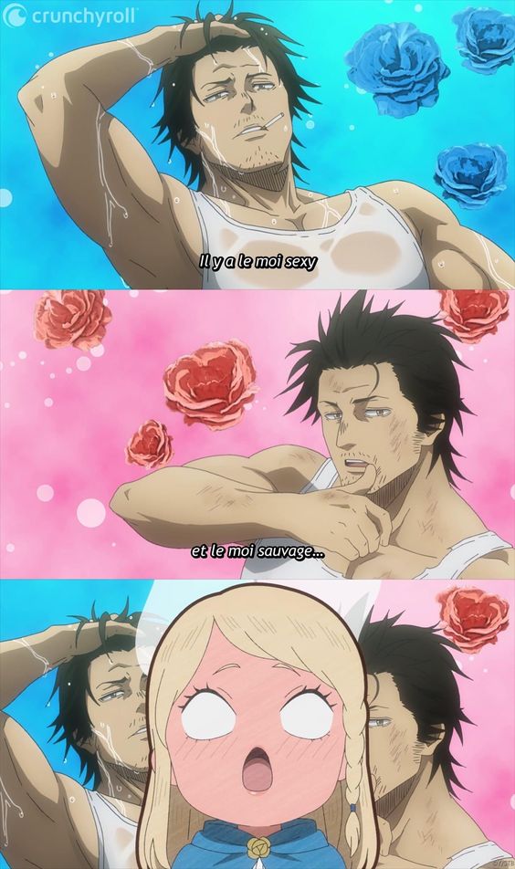 this image is a digital illustration of the anime series black clover.  the first image shows a character named asta with a confident smile and a smirk. the second image shows asta with a more serious expression and a slightly rough look around his eyes. the third image shows asta with a surprised expression and a female character looking at him. the image is humorous and depicts the relationship between asta and the other characters in the show.