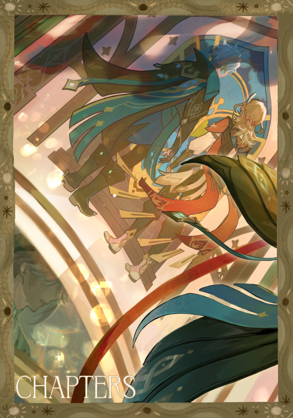 this is an illustration featuring two characters from the anime/game genshin impact, venti and albedo, standing together in a fantastical setting. venti, the anemo archon, is seen in a swirling, green robe, with his arms outstretched, while albedo, the geo alchemist, stands beside him. the image uses a vibrant color palette and dynamic lines to capture the characters' personalities and the magic of the world they inhabit. the overall composition of the illustration is dynamic and engaging, creating a sense of depth and movement within the scene.
