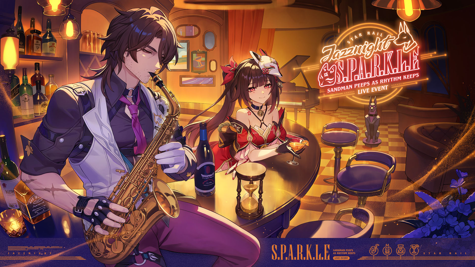 the image is a promotional illustration for a live event in the honkai: star rail game called "jazznight & sparkle". it features two characters, one a male character playing a saxophone, and the other a female character enjoying a drink. they are situated in a bar setting with an orange and black checkered floor. the event name is prominently displayed in the top center of the image, along with a neon light graphic of a dog with musical notes. the overall tone of the image is vibrant and lively, with a focus on the musical aspect of the event.