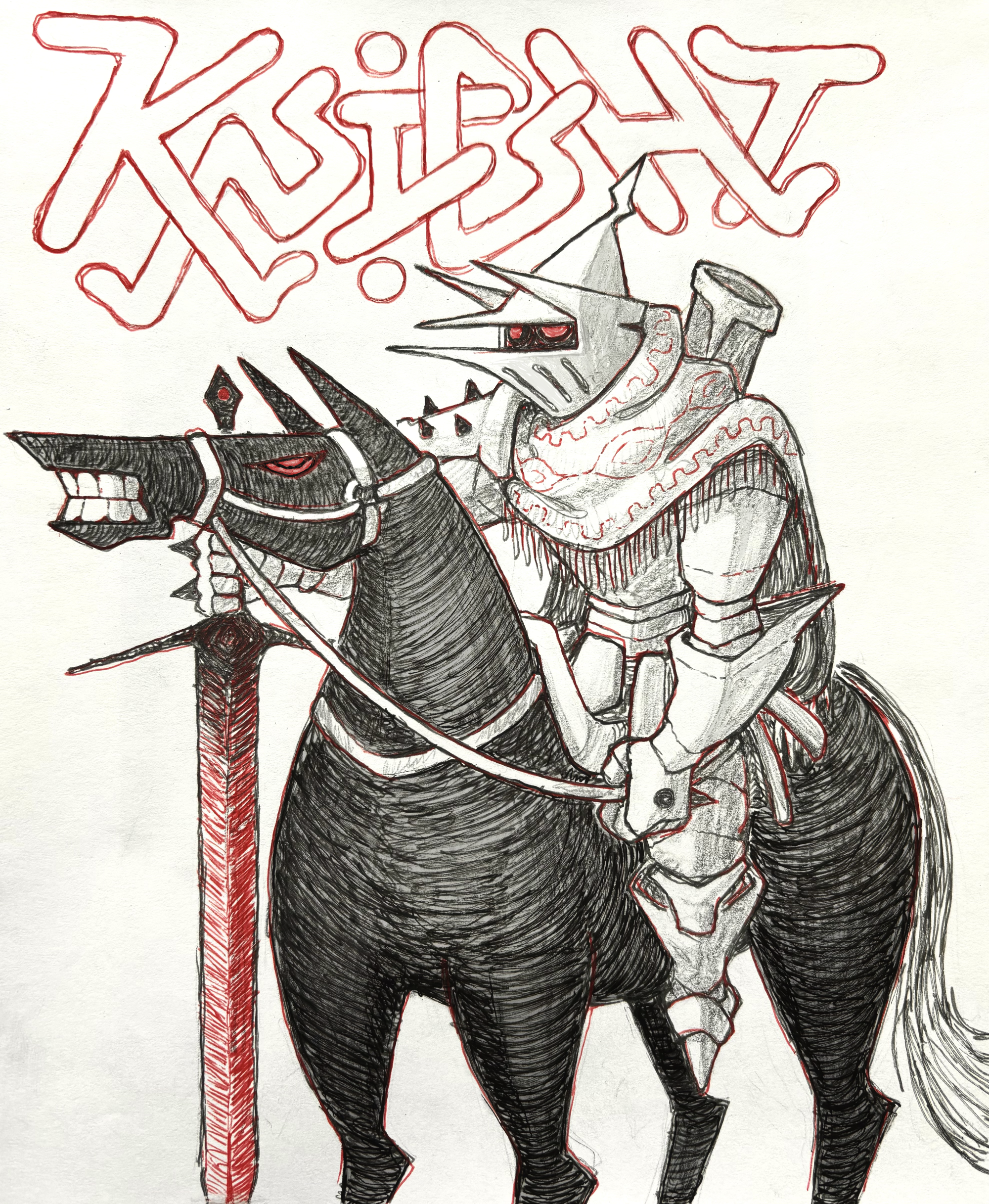 the image is a stylized black and white sketch of a knight in ornate armor riding a horse.  the knight wears a pointed helmet with a visor, a scarf, and carries a lance with a red shaft.  the horse is also armored and has glowing red eyes. the word "knight" is written above in a stylized red font.