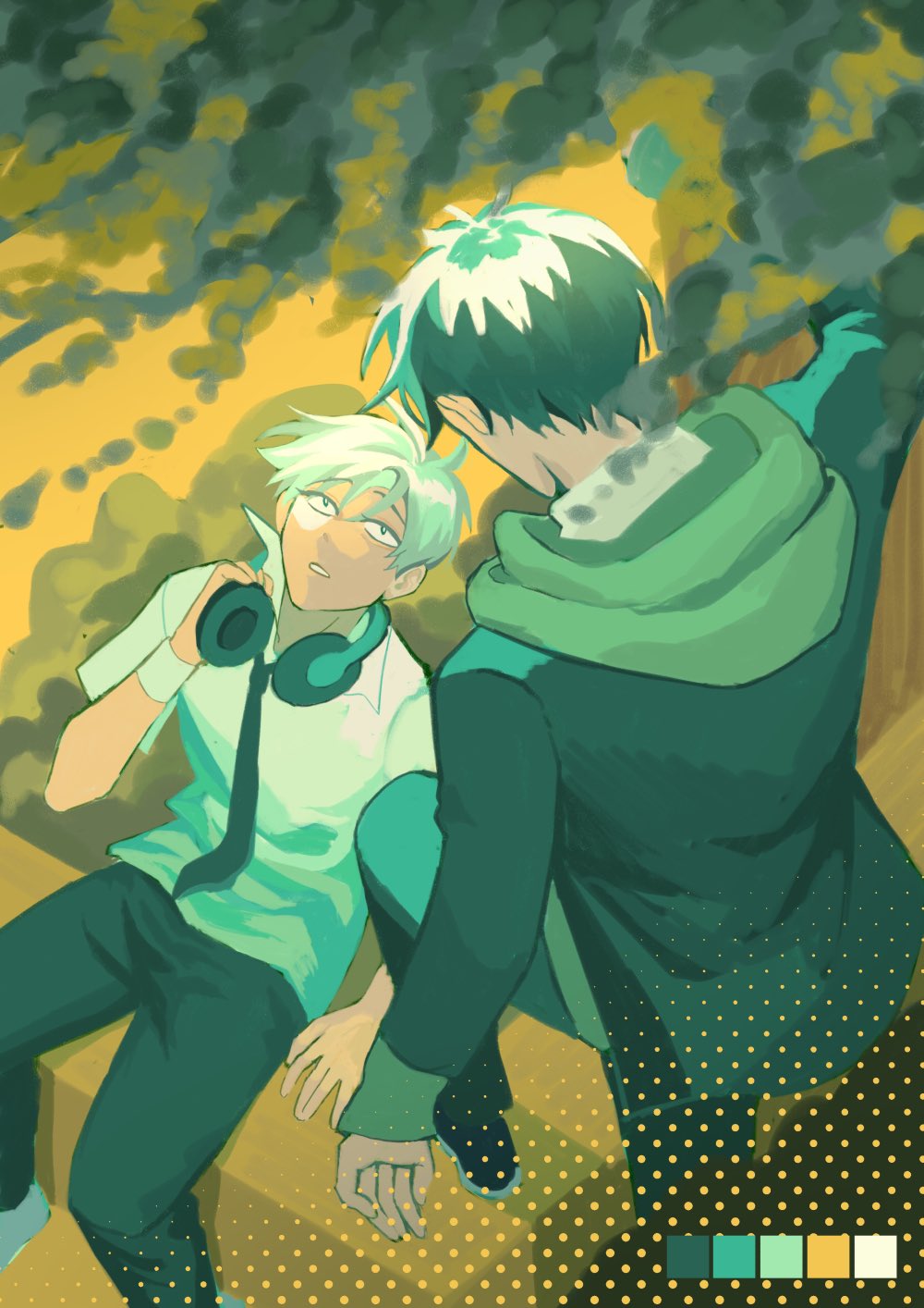 two male anime characters are sitting on a platform and talking. the character on the left is wearing a white shirt, a tie, and headphones, and is looking at the character on the right. the character on the right is wearing a black jacket and a green scarf. they appear to be having a conversation. the background is a bright yellow with some green smoke. there is also a pattern of small yellow dots on the floor of the platform.  the image is a digital illustration created with anime style.