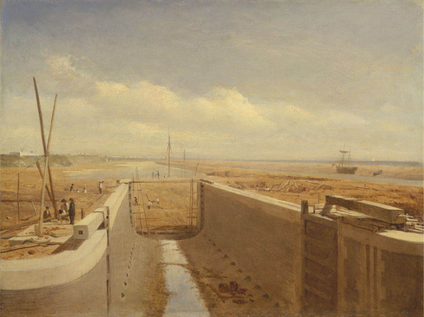 this painting depicts a landscape with a canal under construction. several workers are present, some near the canal's edge and others in the distance. a boat is visible in the waterway beyond the construction site. the sky is filled with clouds, suggesting a partly cloudy day. the painting appears to be from the 19th century and showcases elements of industry and engineering within a natural setting.