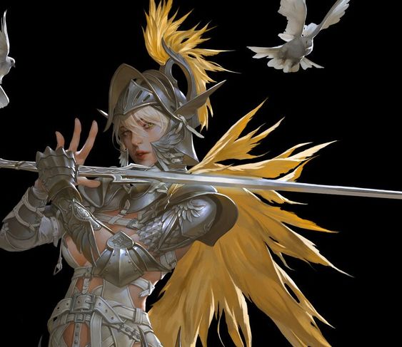 a female warrior in ornate silver armor with large golden wings stands against a black background, dramatically lit with spot lighting. she holds a long sword across her body with both hands, her expression focused and determined. two white doves fly near her head.