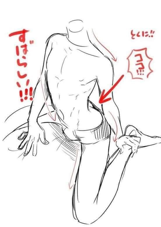 a black and white animestyle sketch of a torso and limbs in a kneeling position, with red arrows and japanese text highlighting specific areas, likely for anatomical study. the torso has defined abs, and one leg is bent at the knee while the other is extended.