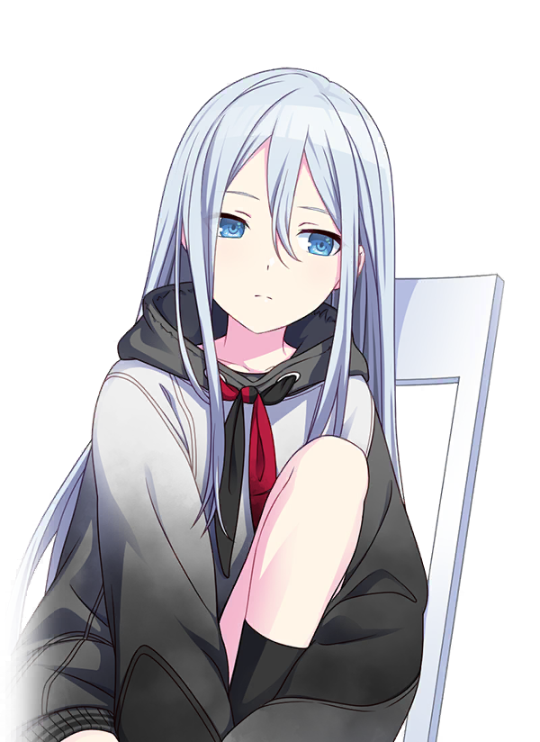 animestyle girl with long white hair and blue eyes is sitting on a white chair. she is wearing a hoodie with a red tie. the overall color scheme is monotone with pops of red and blue.