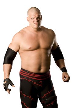 a portrait of professional wrestler kane against a white background. he is shirtless, displaying a muscular physique, and wears his signature black wristbands and black and red ring attire.  his expression is one of intense anger and intimidation.