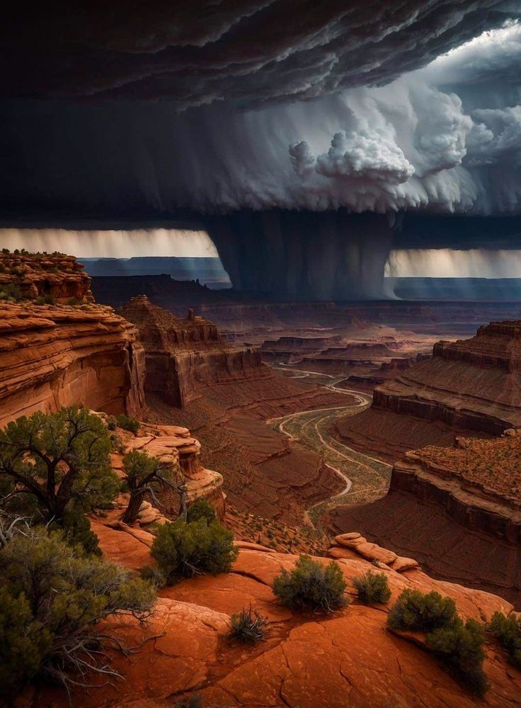 a wideangle shot showcases a vast canyon landscape under a dramatic storm cloud formation. the foreground features red rock formations, lowlying vegetation, and a winding river cutting through the canyon floor. the sky is dominated by a large, dark storm cloud with areas of heavy rain. the overall scene is both beautiful and ominous, capturing the power of nature.