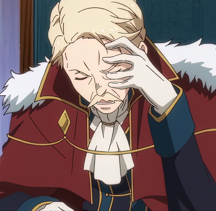 an anime character with white hair, wearing a red jacket with gold trim, is shown with a distressed facial expression. he is covering his face with his hand, and his shoulders are slumped. the character appears to be feeling overwhelmed or frustrated.