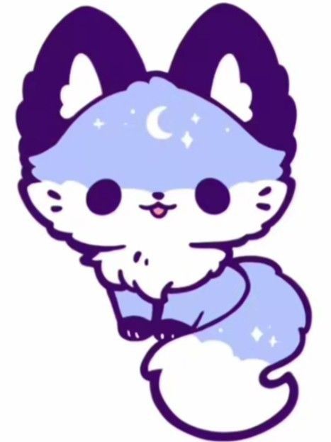 this is a cartoon illustration of a cute fox with purple ears, a blue and white body, and a fluffy white tail. the fox has a crescent moon on its forehead and a few stars scattered around its body. it is looking at the viewer with big, innocent eyes. the fox appears to be drawn in a kawaii style, with exaggerated features and a playful expression.