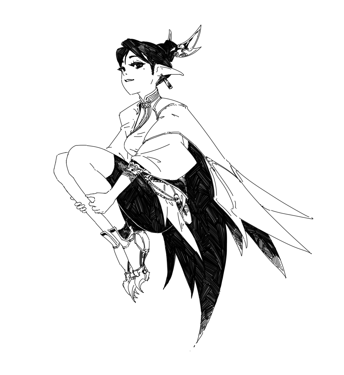 the image is a black and white ink drawing or sketch of a stylized animestyle female elflike creature. she has pointed ears, dark hair pulled back, and is wearing flowing, somewhat loose clothing. her pose is dynamic, appearing as if she's floating or perched.  the style is detailed yet slightly sketchy, with crosshatching and varied line weights creating depth and texture. her clothing includes a long cloak or cape that extends into large, winglike shapes behind her.  her lower legs appear to have mechanical or armored elements. the overall impression is one of fantasy and ethereal beauty.
