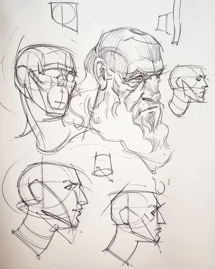 this is a drawing of four human heads in profile, done in pencil. the artist has used lines to construct the basic forms of the heads, and then added details such as hair, eyes, and noses. there are a few lines and geometric shapes scattered throughout the drawing. they are very simple and probably used for constructing the heads. the artist has also indicated the direction of the light source with arrows. this drawing is likely a study for a larger piece.